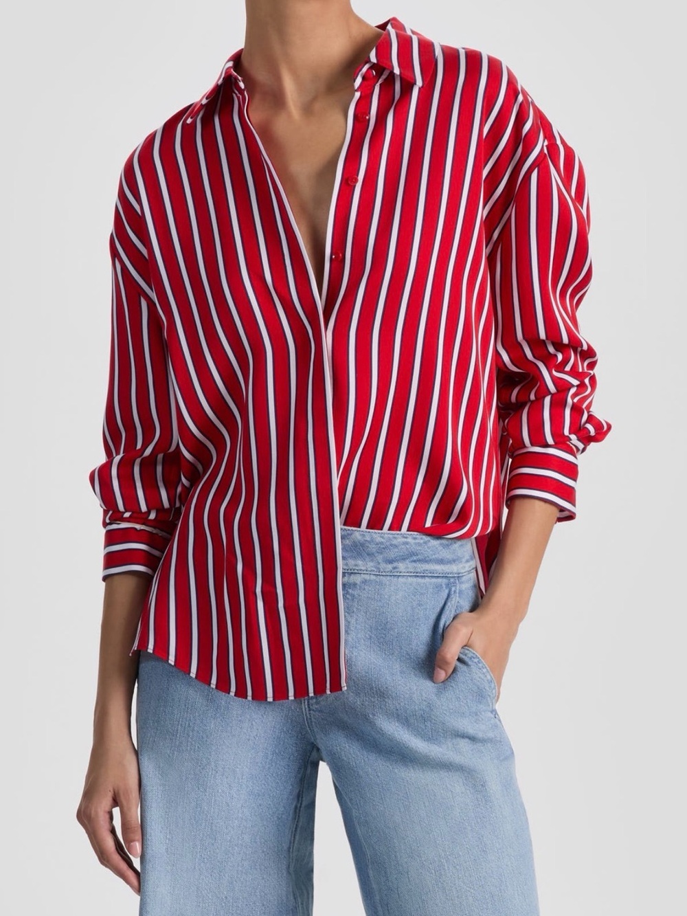 Alice + Olivia Dimitra Red Striped Button-Front Women's Top